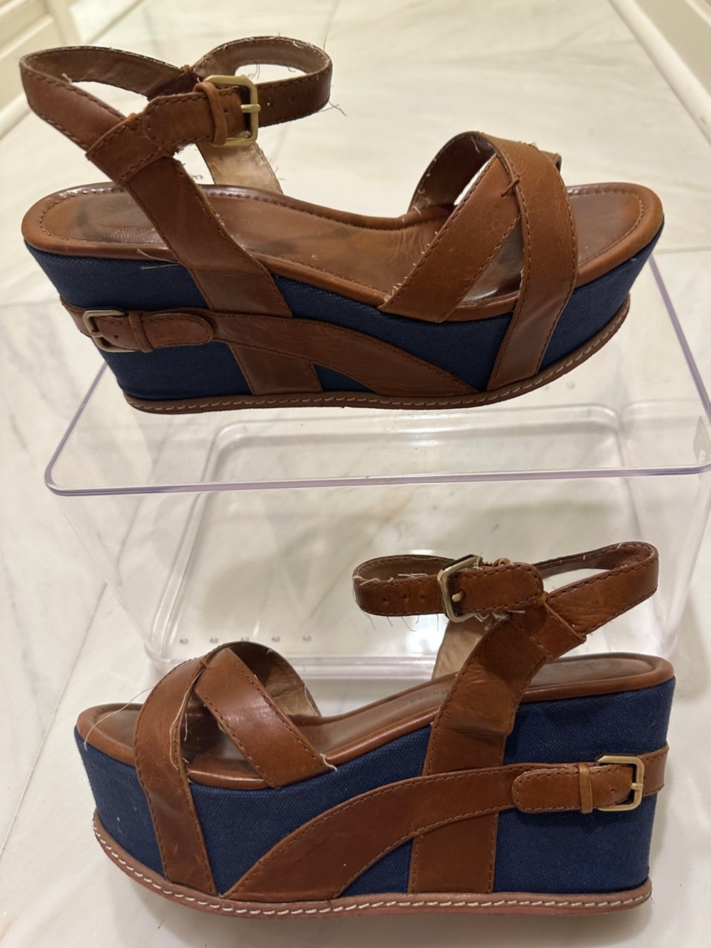 Modern Vintage Brown Leather and Navy Platform Wedge Sandals